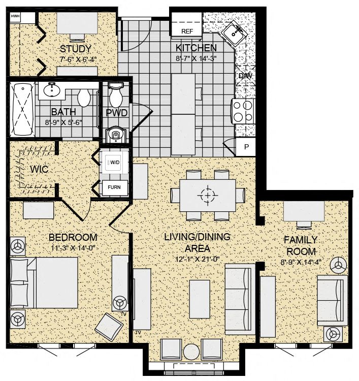 Floor plan for 1 bed, 1.5 baths, 993 sqft
