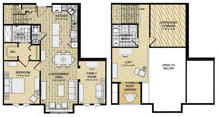 Floor plan for 1 bed, 1.5 baths, 1184 sqft