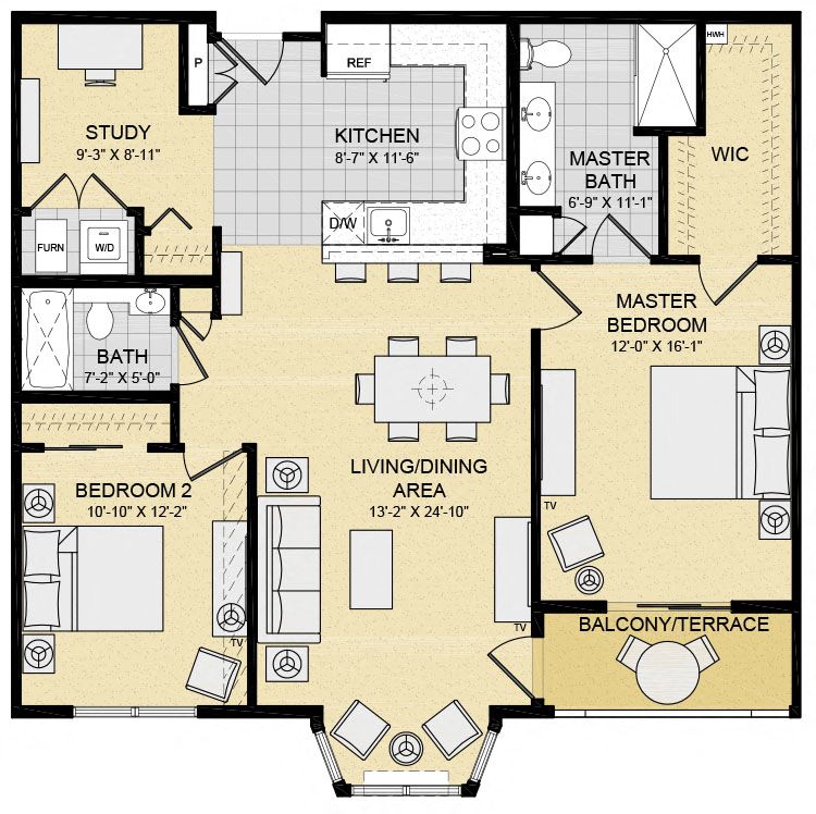 Floor plan for 2 beds, 2 baths, 1223 sqft