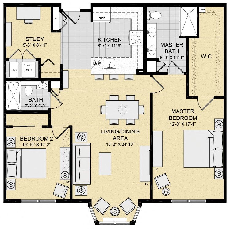 Floor plan for 2 beds, 2 baths, 1284 sqft