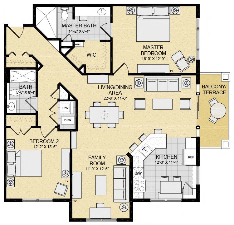 Floor plan for 2 beds, 2 baths, 1412 sqft