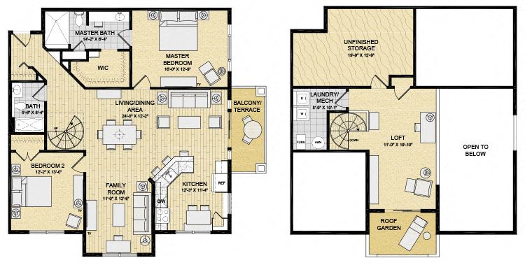 Floor plan for 2 beds, 2 baths, 1664 sqft