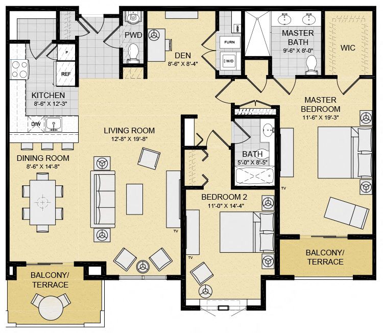 Floor plan for 2 beds, 2.5 baths, 1502 sqft