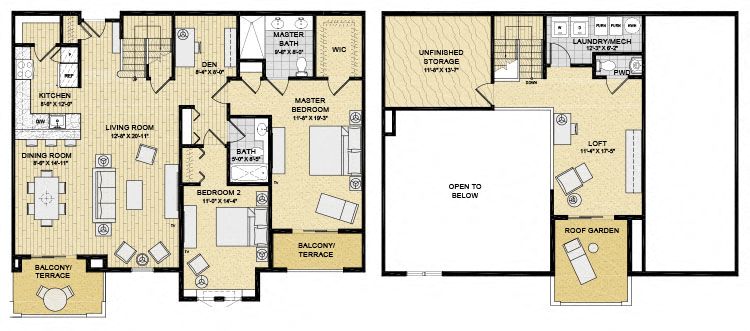 Floor plan for 2 beds, 2.5 baths, 1742 sqft