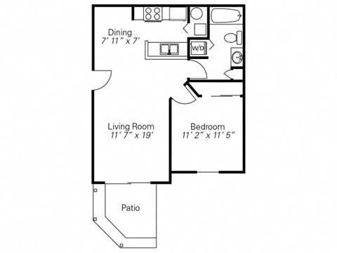 Floor plan for 1 bed, 1 bath, 647 sqft