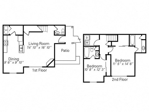 Floor plan for 2 beds, 2.5 baths, 1216 sqft