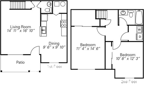Floor plan for 2 beds, 1.5 baths, 1116 sqft