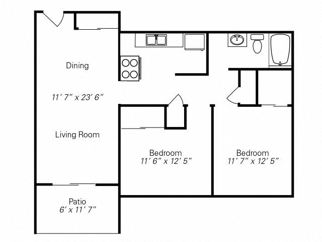 Floor plan for 2 beds, 1 bath, 845 sqft