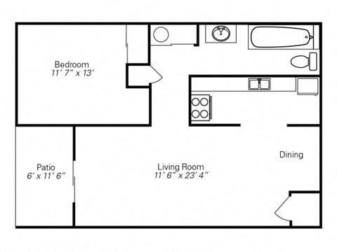 Floor plan for 1 bed, 1 bath, 610 sqft