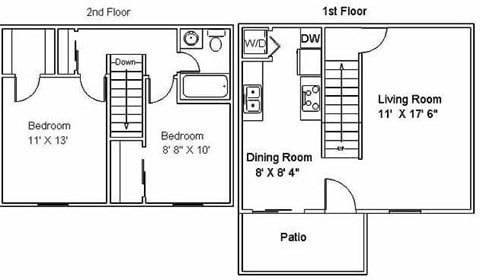 Floor plan for 2 beds, 1 bath, 853 sqft