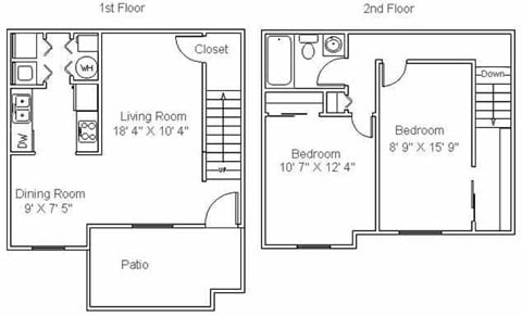 Floor plan for 2 beds, 1 bath, 900 sqft