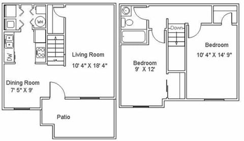 Floor plan for 2 beds, 1 bath, 900 sqft