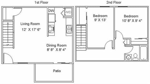 Floor plan for 2 beds, 1 bath, 853 sqft