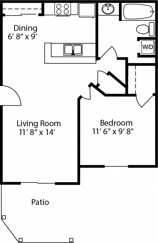 Floor plan for 1 bed, 1 bath, 604 sqft