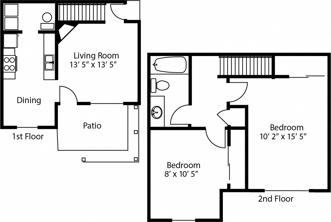 Floor plan for 2 beds, 1 bath, 890 sqft