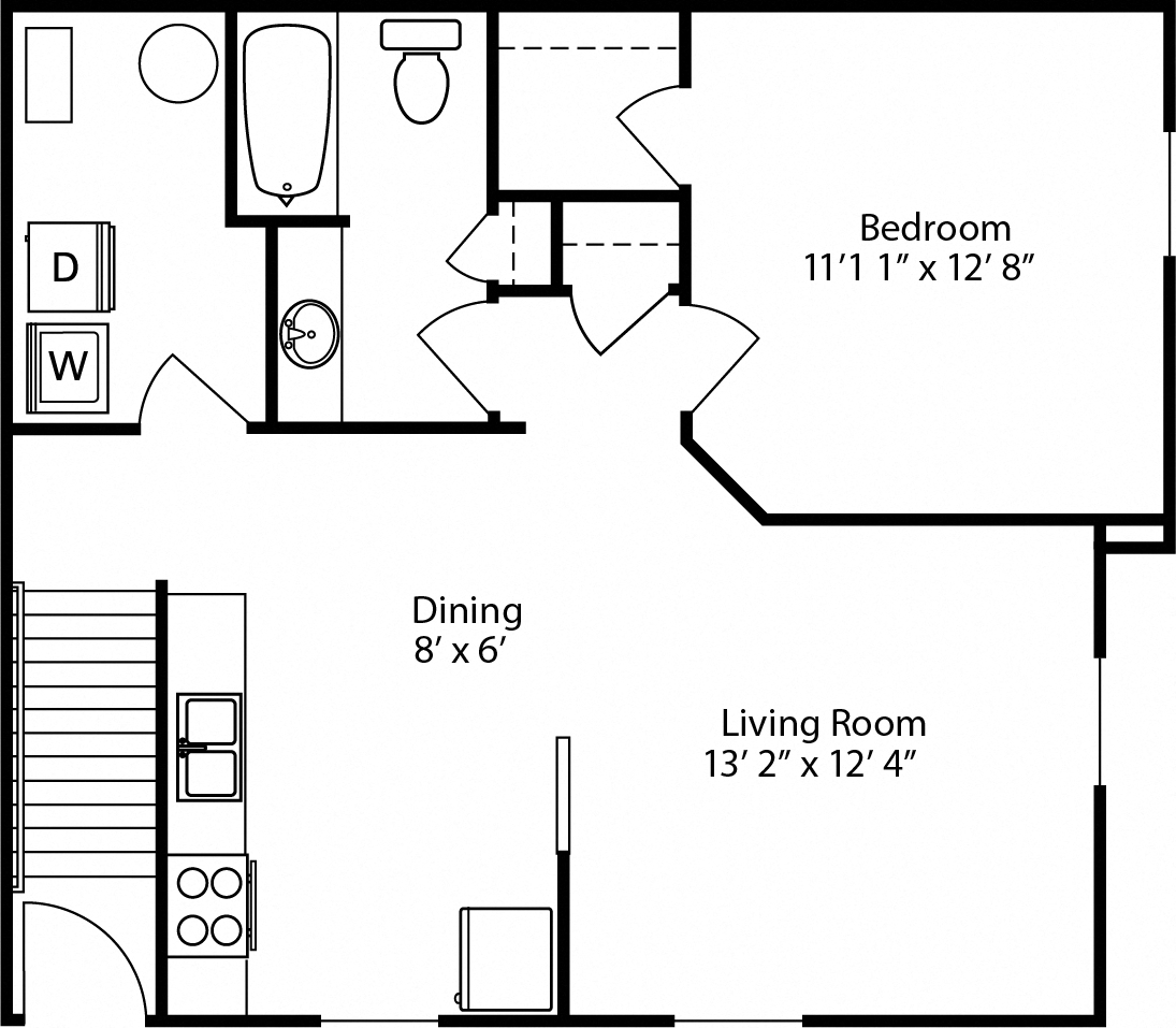 Floor plan for 1 bed, 1 bath, 685 sqft