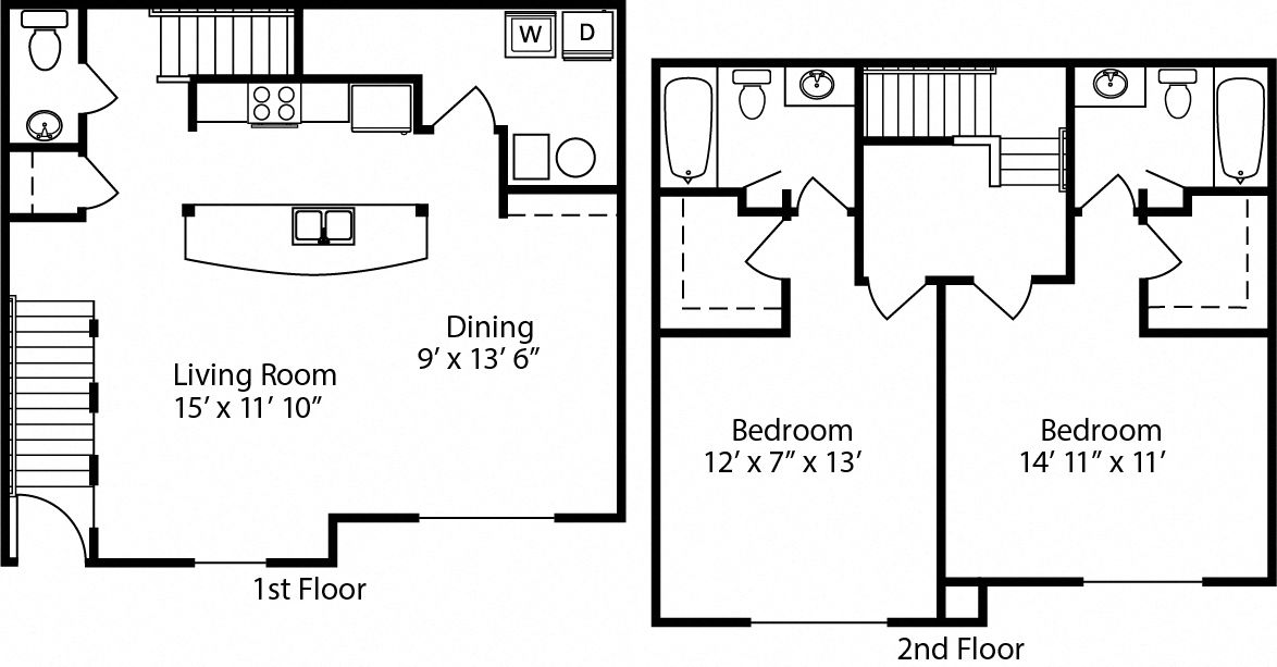 Floor plan for 2 beds, 2.5 baths, 1400 sqft