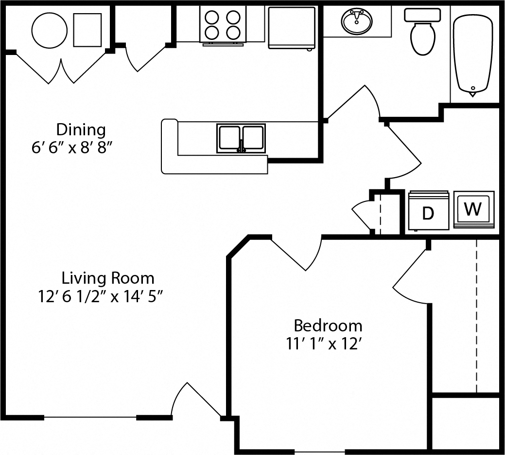 Floor plan for 1 bed, 1 bath, 721 sqft