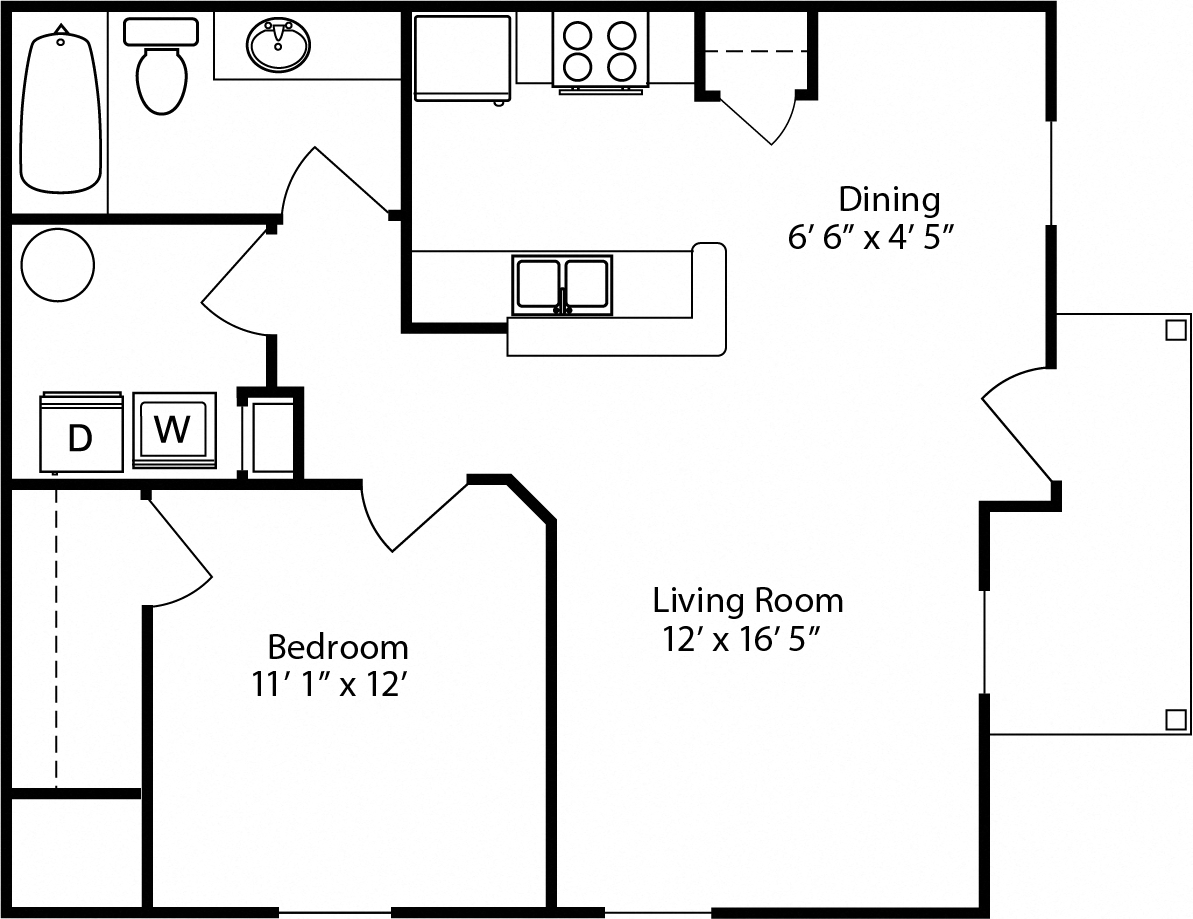Floor plan for 1 bed, 1 bath, 745 sqft