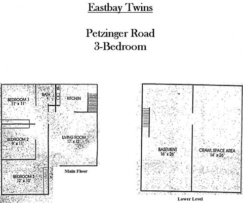 Floor plan for 3 beds, 1 bath, 952 sqft