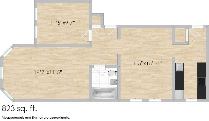 Floor plan for 1 bed, 1 bath, 780 sqft