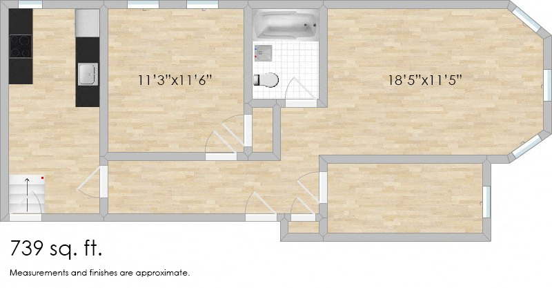 Floor plan for 1 bed, 1 bath, 725 sqft