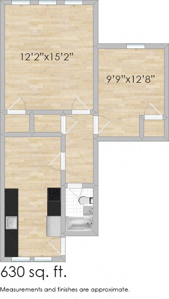 Floor plan for 1 bed, 1 bath, 650 sqft