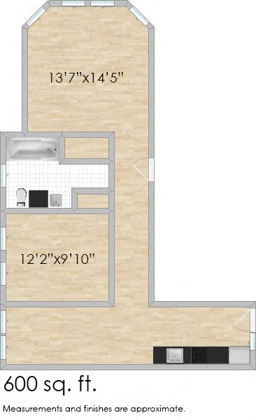 Floor plan for 1 bed, 1 bath, 650 sqft