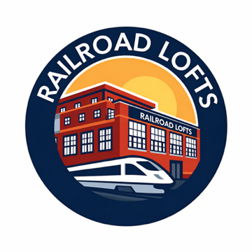 Worcester apartment for rent - A logo for Railroad Lofts shows a red building with a train on a track in front of it.