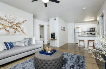 Tallahassee apartment for rent - A living room with a grey sofa and a large painting on the wall.