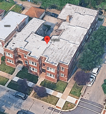 Chicago apartment for rent - A red marker is placed on the roof of a building at 10500 S Wabash Ave.