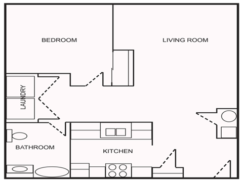 Floor plan for 1 bed, 1 bath, 864 sqft