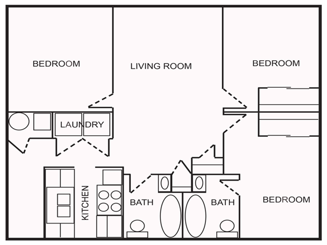 Floor plan for 3 beds, 2 baths, 1153 sqft