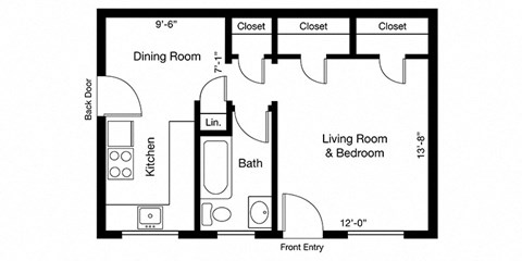 Floor plan for studio, 1 bath, 421 sqft