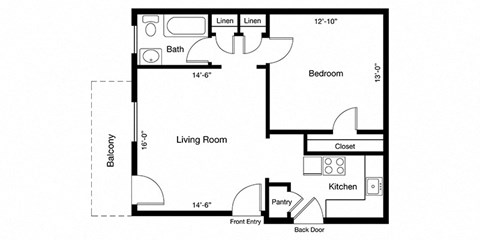 Floor plan for 1 bed, 1 bath, 627 sqft