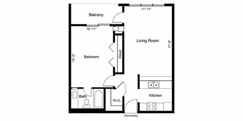 Floor plan for 1 bed, 1 bath, 638 sqft