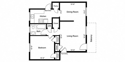Floor plan for 1 bed, 1 bath, 716 sqft