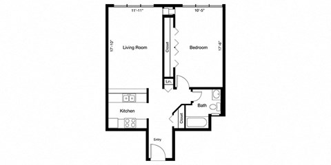 Floor plan for 1 bed, 1 bath, 730 sqft