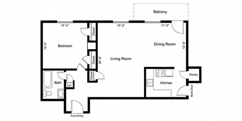 Floor plan for 1 bed, 1 bath, 836 sqft