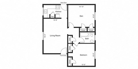 Floor plan for 1 bed, 1 bath, 856 sqft