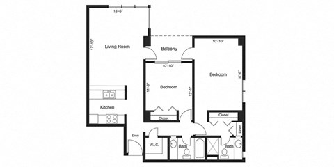 Floor plan for 2 beds, 2 baths, 981 sqft