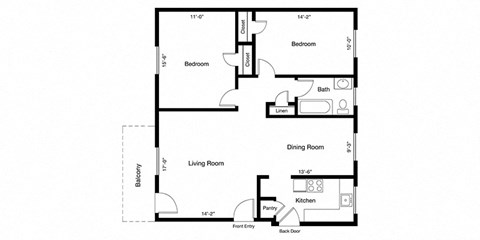 Floor plan for 2 beds, 1 bath, 935 sqft
