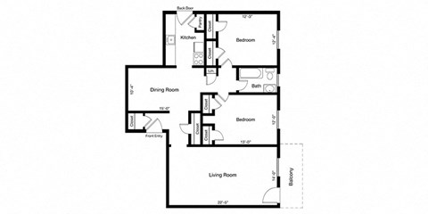 Floor plan for 2 beds, 1 bath, 1131 sqft