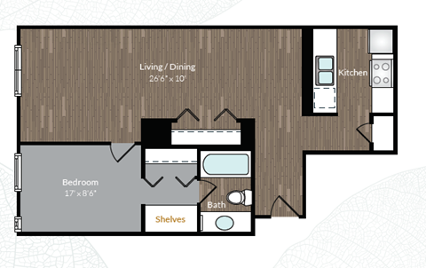 Floor plan for 1 bed, 1 bath, 435 sqft