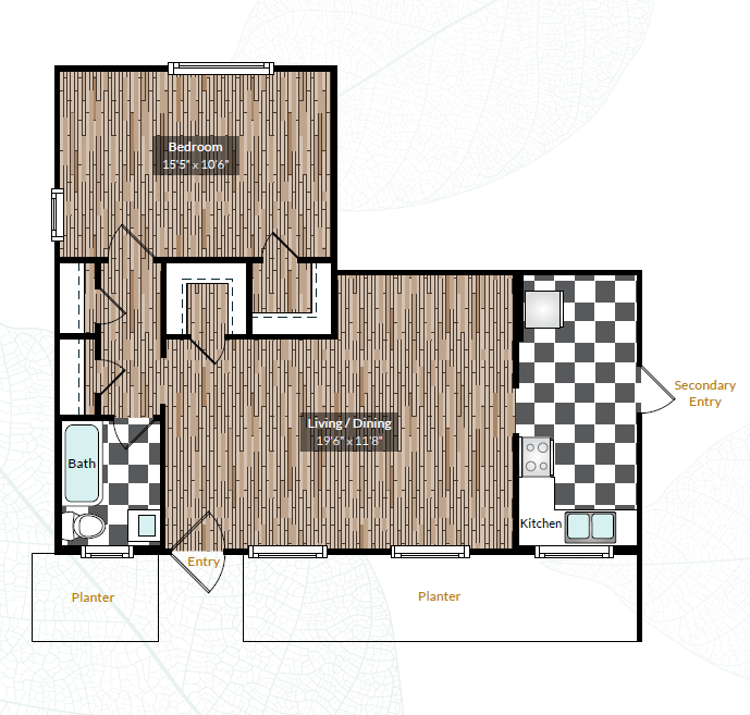 Floor plan for 1 bed, 1 bath, 685 sqft