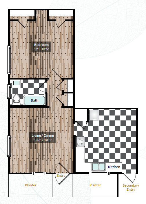 Floor plan for 1 bed, 1 bath, 685 sqft