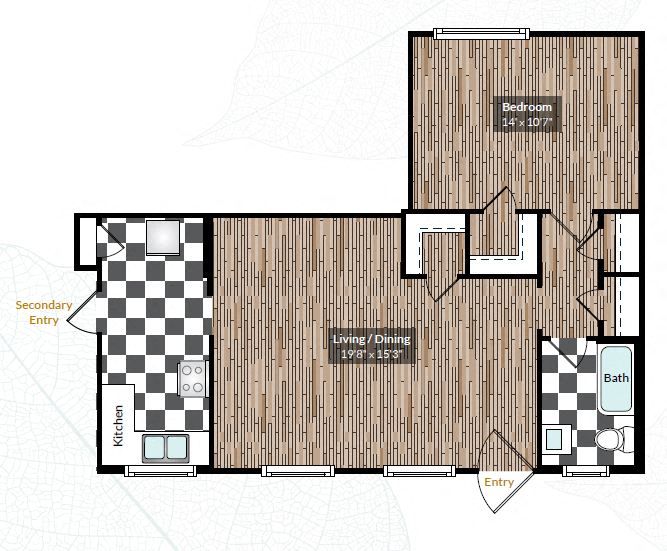 Floor plan for 1 bed, 1 bath, 670 sqft