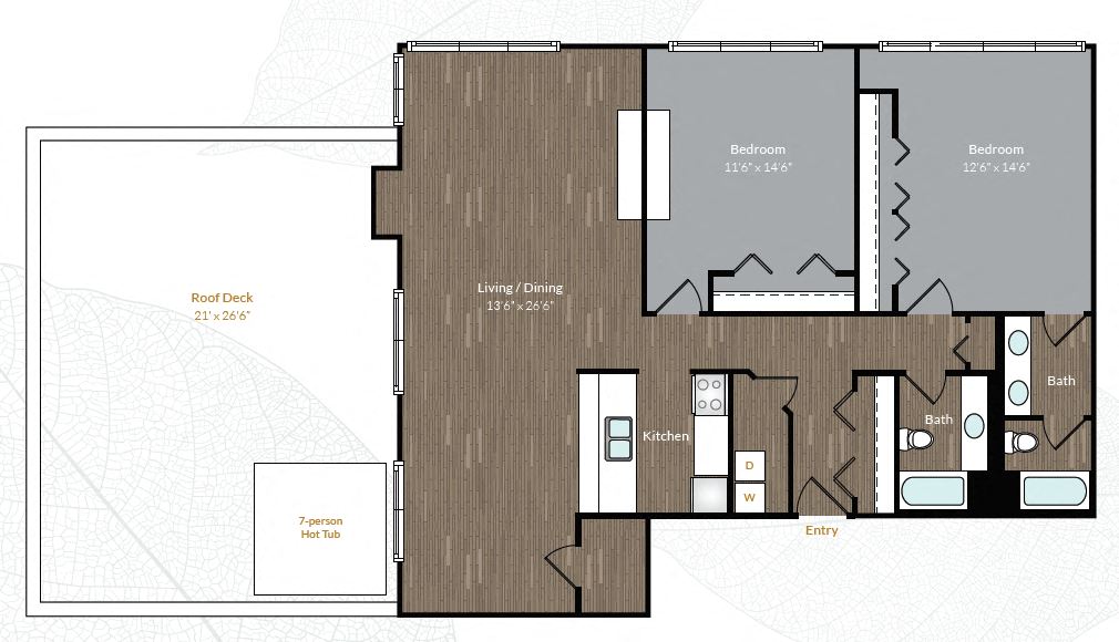 Floor plan for 2 beds, 2 baths, 1060 sqft