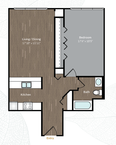 Floor plan for 1 bed, 1 bath, 730 sqft