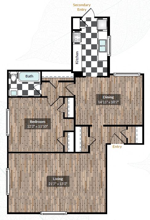 Floor plan for 1 bed, 1 bath, 900 sqft